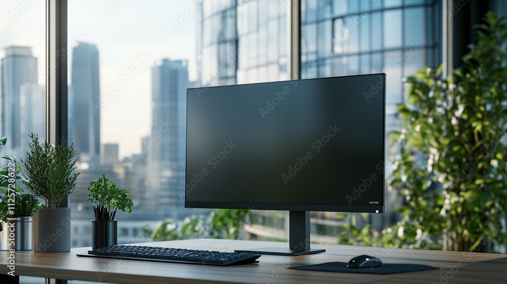 Modern computer setup near a large window overlooking city buildings Modern computer setup near a large window overlooking city buildings