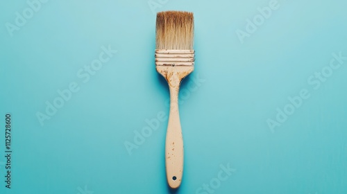 Old paintbrush on a blue background illustrating repair and home improvement concepts for renovation and DIY projects.