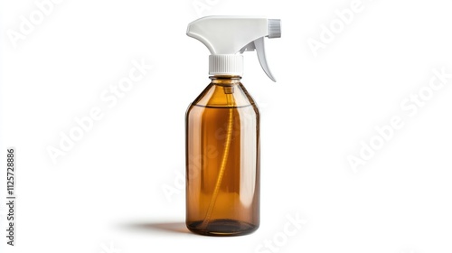 Amber glass spray bottle for cleaning solutions isolated on white backdrop promoting eco-friendly cleaning products and household maintenance.