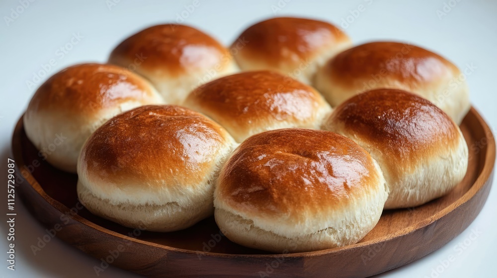 Freshly baked golden buns arranged on a wooden plate showcasing a homemade rustic bread theme for culinary and food photography. Freshly baked golden buns arranged on a wooden plate showcasing a homemade rustic bread theme for culinary and food photography.