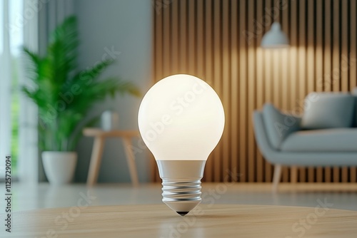 A hyper-realistic close-up of an energy-efficient LED bulb glowing softly, surrounded by a detailed minimalist home interior