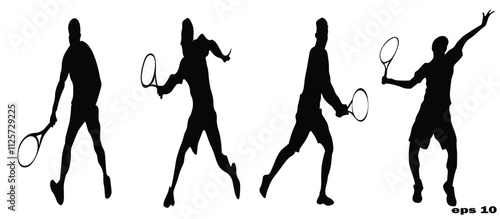 Black Silhouette of Man Playing Tennis Ball on White Background. Sport Logo, Vector Illustration
