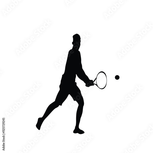 Black Silhouette of Man Playing Tennis Ball on White Background. Sport Logo, Vector Illustration