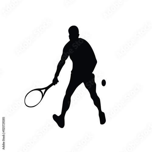 Black Silhouette of Man Playing Tennis Ball on White Background. Sport Logo, Vector Illustration,