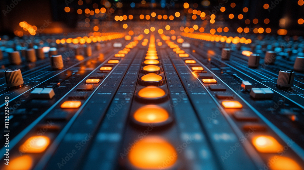 professional audio mixing console illuminated by vibrant LED lights, showcasing precision dials, sliders, and colorful buttons. Represents sound engineering, creativity, and innovation professional audio mixing console illuminated by vibrant LED lights, showcasing precision dials, sliders, and colorful buttons. Represents sound engineering, creativity, and innovation