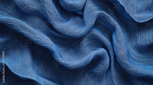 Blue cotton fabric texture with soft wavy folds creating an abstract background for design and textile concepts. photo