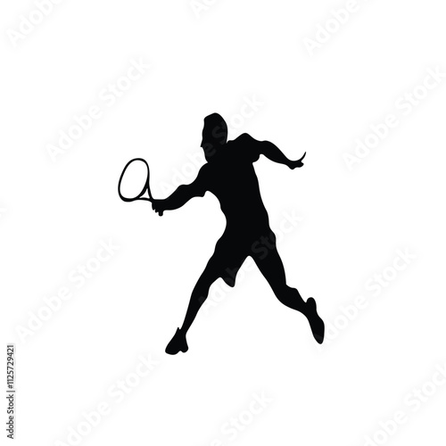 Black Silhouette of Man Playing Tennis Ball on White Background. Sport Logo, Vector Illustration,