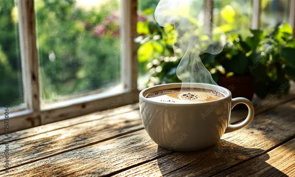 Steaming Coffee in a White Mug by a Sunny Window Steaming Coffee in a White Mug by a Sunny Window