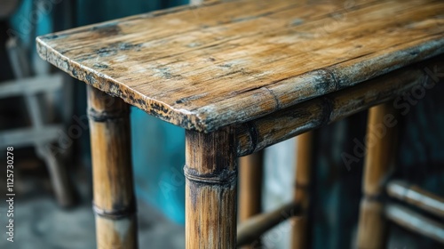 Bamboo wood table with a rustic finish showcasing natural grain and texture in a vintage setting