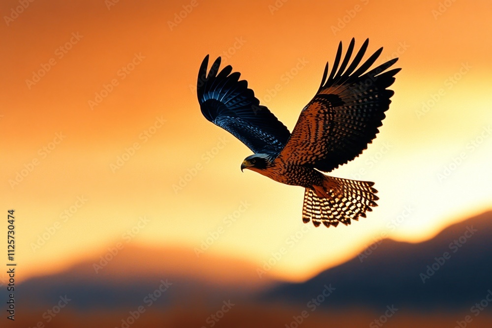 Fototapeta premium A minimalist silhouette of an eagle mid-flight, drawn in bold black against a soft gradient sky