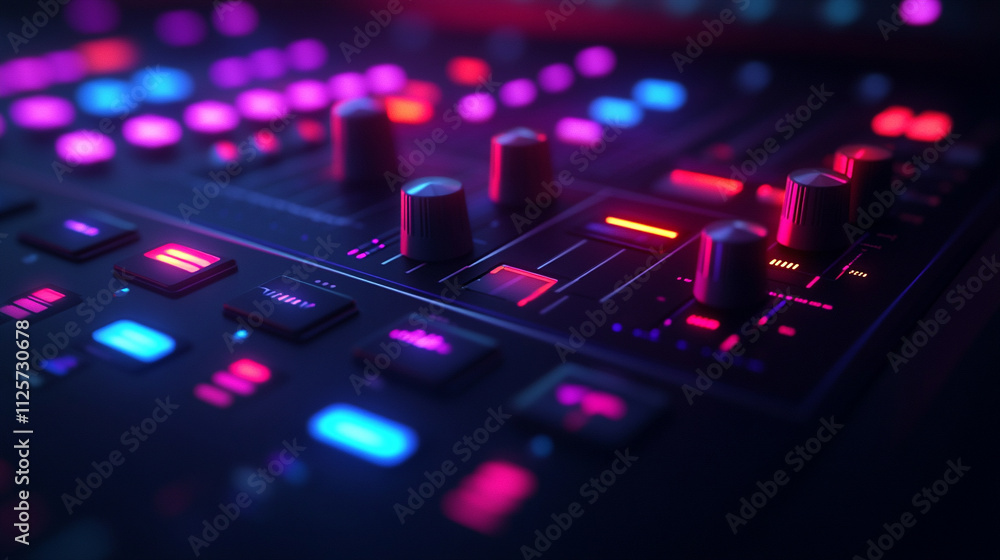 professional audio mixing console illuminated by vibrant LED lights, showcasing precision dials, sliders, and colorful buttons. Represents sound engineering, creativity, and innovation professional audio mixing console illuminated by vibrant LED lights, showcasing precision dials, sliders, and colorful buttons. Represents sound engineering, creativity, and innovation