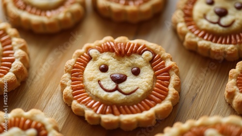 Lion-shaped filled biscuits arranged on a wooden surface showcasing their cute and creative designs for children's treats or celebrations photo