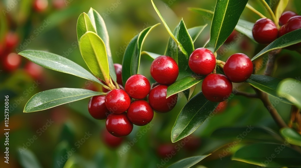 Syzigium Oleina ornamental plant close-up showcasing vibrant red fruits and lush green leaves in a natural setting selectively focused Syzigium Oleina ornamental plant close-up showcasing vibrant red fruits and lush green leaves in a natural setting selectively focused