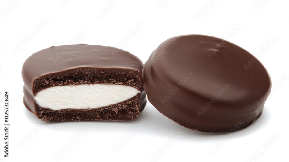 Chocolate candy with smooth white cream filling on a clean white backdrop highlighting luscious texture and tempting appearance. Chocolate candy with smooth white cream filling on a clean white backdrop highlighting luscious texture and tempting appearance.