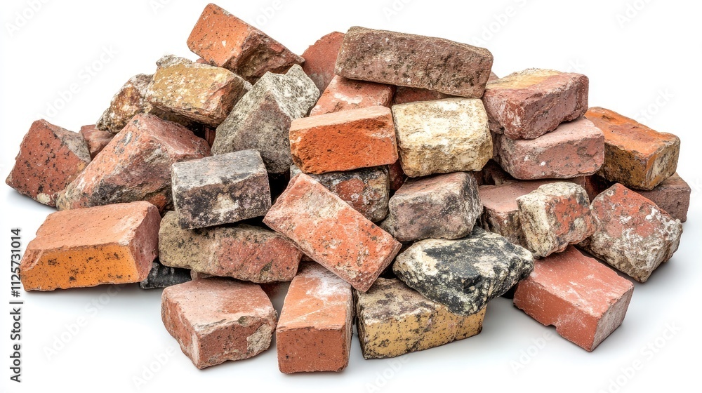 Aged building bricks in various colors stacked together on a white background for construction and architecture themes Aged building bricks in various colors stacked together on a white background for construction and architecture themes