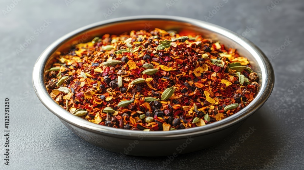 Vibrant blend of exotic oriental spices displayed in a metal dish set against a stylish gray background for culinary inspiration Vibrant blend of exotic oriental spices displayed in a metal dish set against a stylish gray background for culinary inspiration