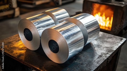 Aluminum coils cooling on iron table with furnace flames in background showcasing industrial heat treatment process.