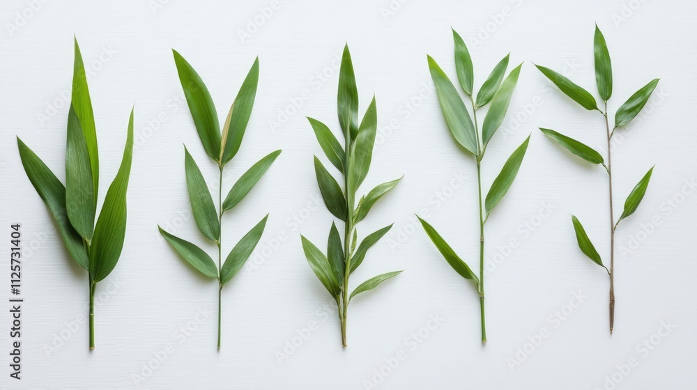 Fototapeta premium Bamboo leaves arranged elegantly on a white background showcasing their diverse shapes and textures for natural design concepts.
