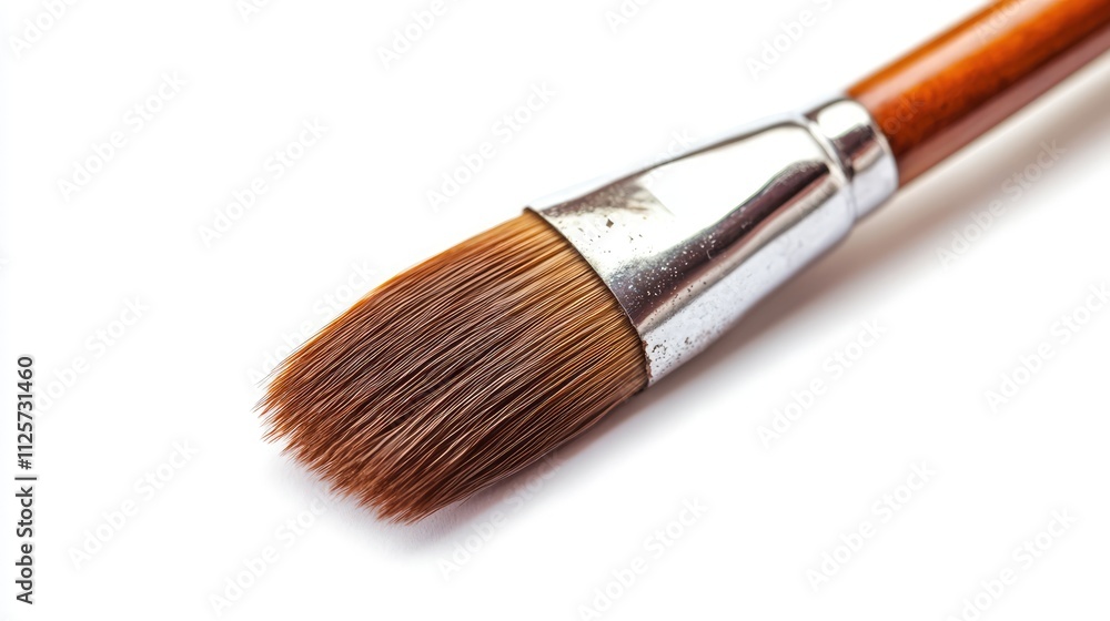 Artistic paintbrush with natural bristles and wooden handle isolated on clean white background for artistic and creative concepts. Artistic paintbrush with natural bristles and wooden handle isolated on clean white background for artistic and creative concepts.