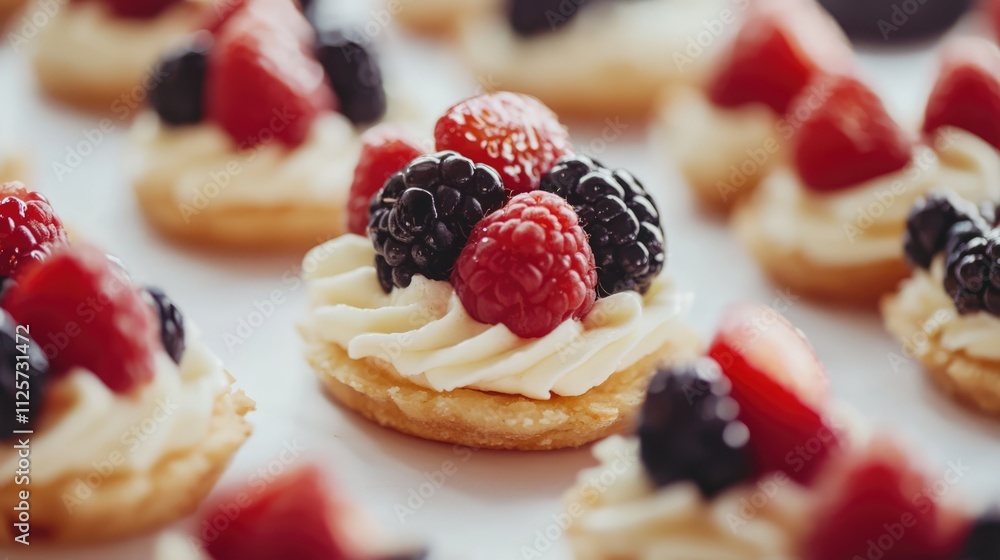 Delicious close-up of mini pastries topped with fresh berries and cream on a catering table for an elegant event Delicious close-up of mini pastries topped with fresh berries and cream on a catering table for an elegant event