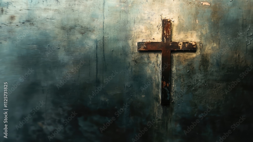 Blurred cross on a weathered wall symbolizing faith and spirituality with textured background depth and a somber atmosphere Blurred cross on a weathered wall symbolizing faith and spirituality with textured background depth and a somber atmosphere
