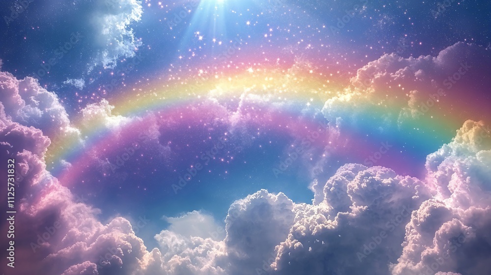 Rainbow with fluffy clouds and magic stars on pastel sky background. Cute concept for children birthday, nursery, baby shower, kindergarten, school. Symbol of LGBT community. International Pride Day