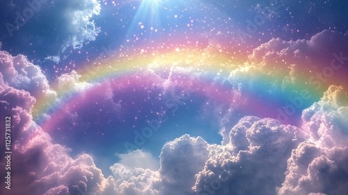 Rainbow with fluffy clouds and magic stars on pastel sky background. Cute concept for children birthday, nursery, baby shower, kindergarten, school. Symbol of LGBT community. International Pride Day