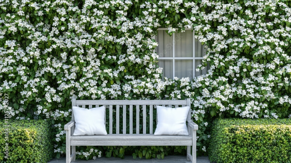 Fototapeta premium Trachelospermum jasminoides vine with fragrant white flowers blooming against a lush green backdrop inviting serene outdoor relaxation