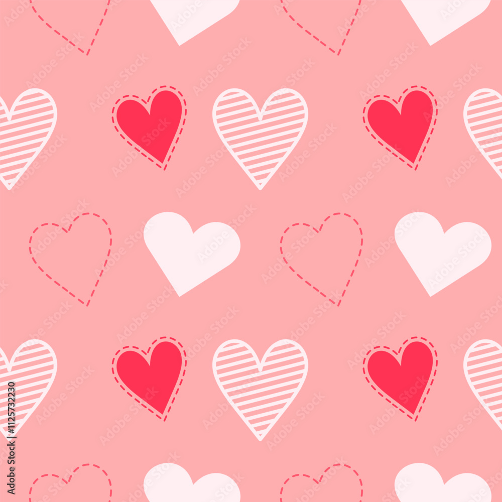 Seamless Valentine's Day heart pattern in flat style. Pink and red. Wrapping, packaging in flat style. For wrapping paper and backgrounds. Seamless Valentine's Day heart pattern in flat style. Pink and red. Wrapping, packaging in flat style. For wrapping paper and backgrounds.