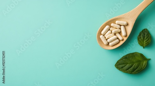 Vitamin capsules in wooden spoon with green leaves on turquoise background promoting wellness and natural health supplements photo