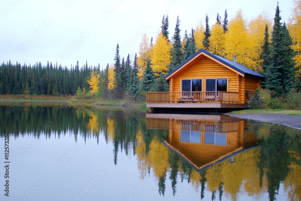 Fototapeta premium A serene image of a lake surrounded by trees, with an eco-friendly cabin visible on the shore