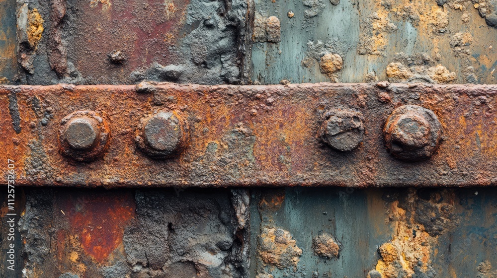 Closeup of weathered rusty metal rails with textured surface and corroded bolts showcasing industrial decay and vintage design elements. Closeup of weathered rusty metal rails with textured surface and corroded bolts showcasing industrial decay and vintage design elements.