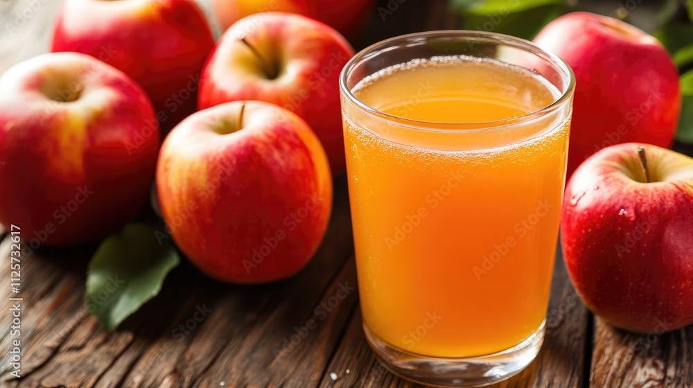 Freshly squeezed apple juice with ripe red apples on rustic wooden background, vibrant natural colors, healthy beverage concept. Freshly squeezed apple juice with ripe red apples on rustic wooden background, vibrant natural colors, healthy beverage concept.