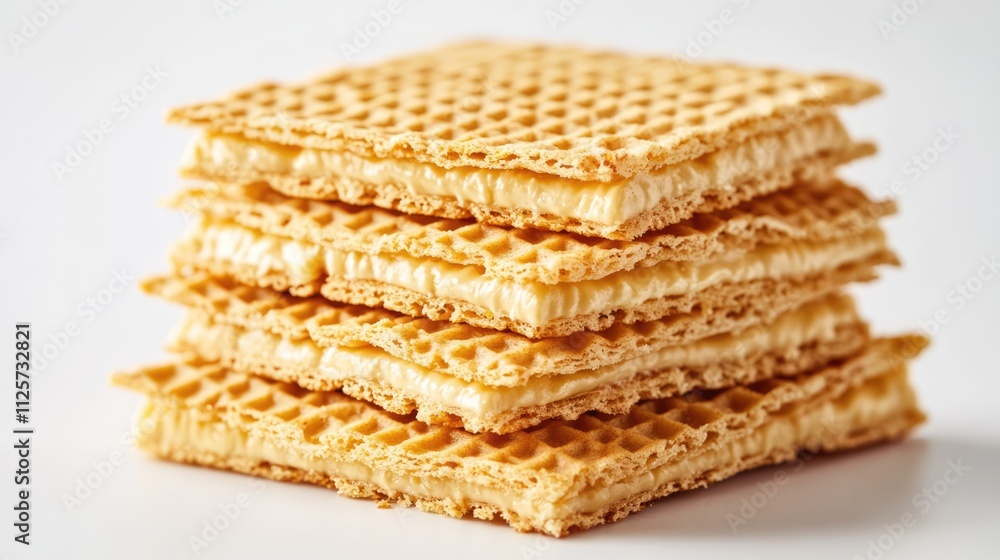 Crunchy wafer stacks with creamy filling on a pristine white background, perfect for dessert or snack imagery. Crunchy wafer stacks with creamy filling on a pristine white background, perfect for dessert or snack imagery.