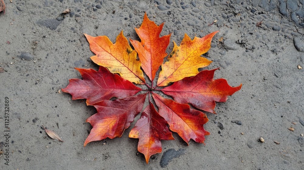 Colorful autumn leaves arranged in a star shape on a textured ground creating a vibrant seasonal display of nature's beauty. Colorful autumn leaves arranged in a star shape on a textured ground creating a vibrant seasonal display of nature's beauty.