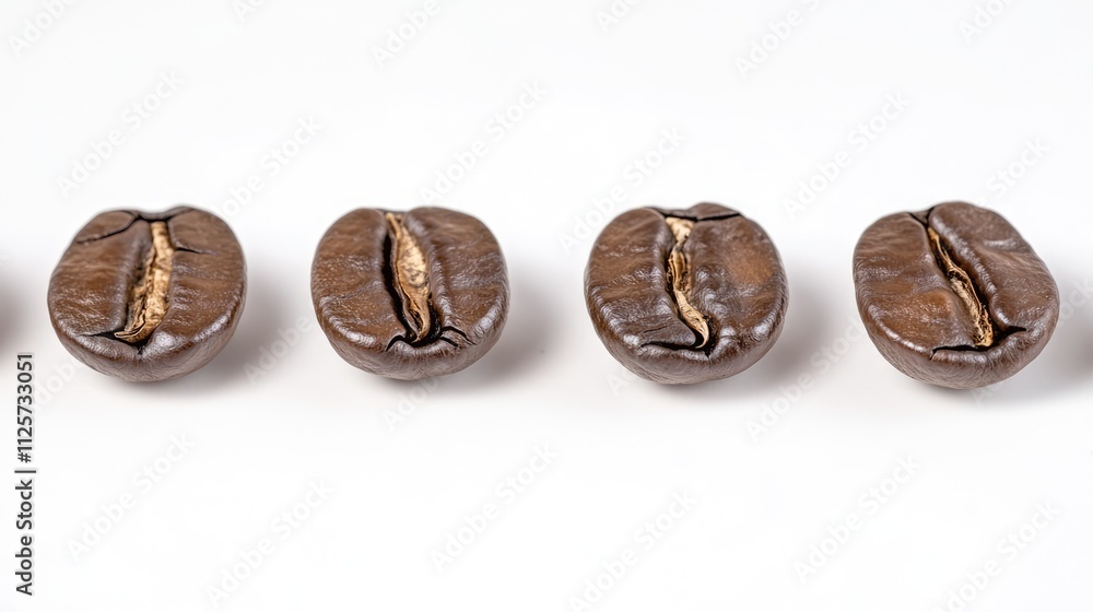 Close-up view of multiple roasted coffee beans arranged in a line on a clean white background, emphasizing texture and color details, food photography, beverage, nutrition, coffee culture. Close-up view of multiple roasted coffee beans arranged in a line on a clean white background, emphasizing texture and color details, food photography, beverage, nutrition, coffee culture.