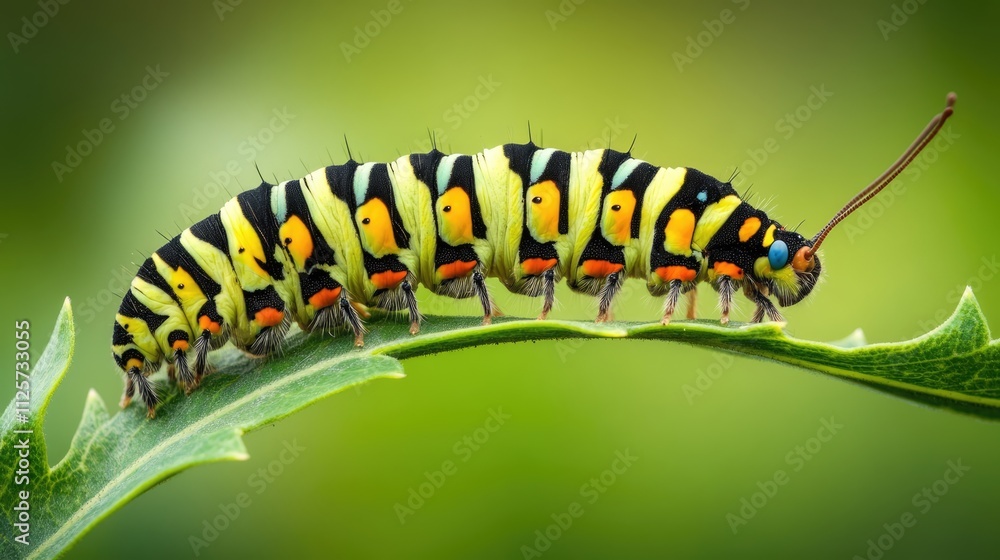 Colorful caterpillar on a green leaf showcasing potential skin irritation when handled in natural garden setting. Colorful caterpillar on a green leaf showcasing potential skin irritation when handled in natural garden setting.