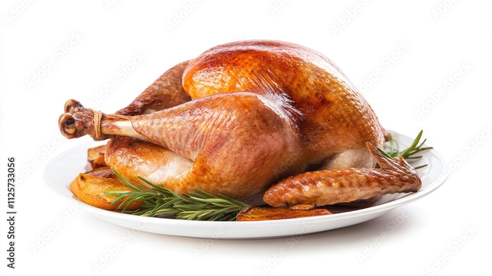 Roasted turkey presented on a platter garnished with herbs and vegetables isolated on a clean white background Roasted turkey presented on a platter garnished with herbs and vegetables isolated on a clean white background