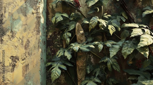 Vertical gardening with climbers integrating natural elements on a textured wall backdrop showcasing lush foliage and greenery photo