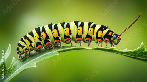 Colorful caterpillar on a green leaf showcasing potential skin irritation when handled in natural garden setting.