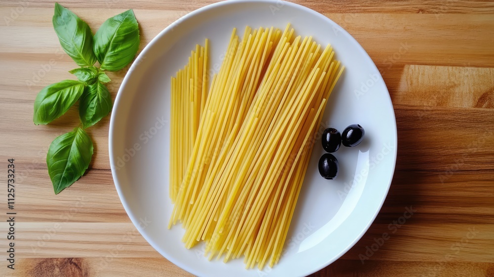 Italian spaghetti with black olives and fresh basil arranged on white plate atop rustic wooden background flat lay food scene Italian spaghetti with black olives and fresh basil arranged on white plate atop rustic wooden background flat lay food scene