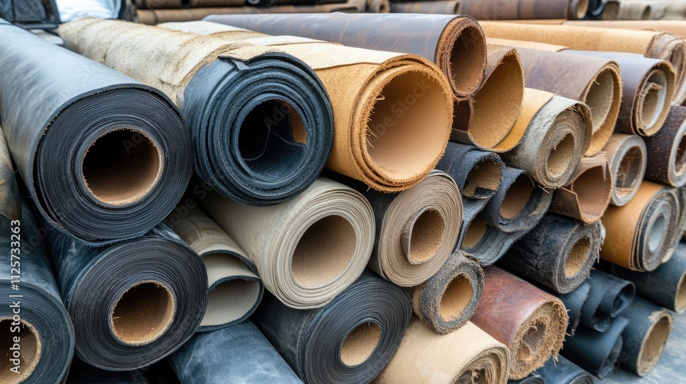 Colorful rolls of leather in various hues stacked together showcasing raw materials for manufacturing bags shoes and accessories Colorful rolls of leather in various hues stacked together showcasing raw materials for manufacturing bags shoes and accessories