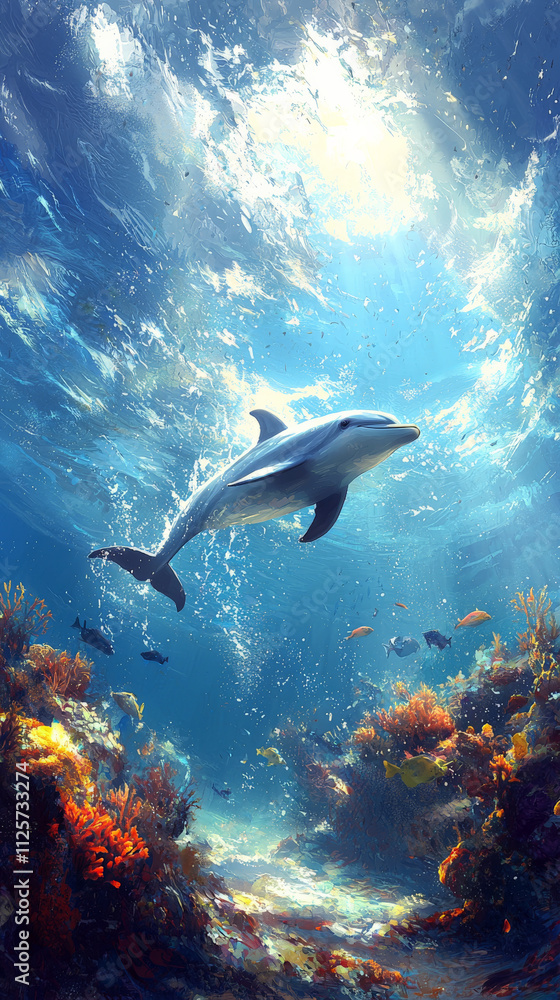 Fototapeta premium playful dolphin swims gracefully through vibrant underwater scene