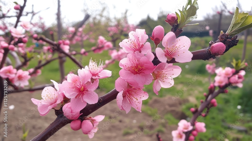 Spring blossoms of plum tree branches in garden with vibrant pink flowers and fresh buds under sunlight. Spring blossoms of plum tree branches in garden with vibrant pink flowers and fresh buds under sunlight.