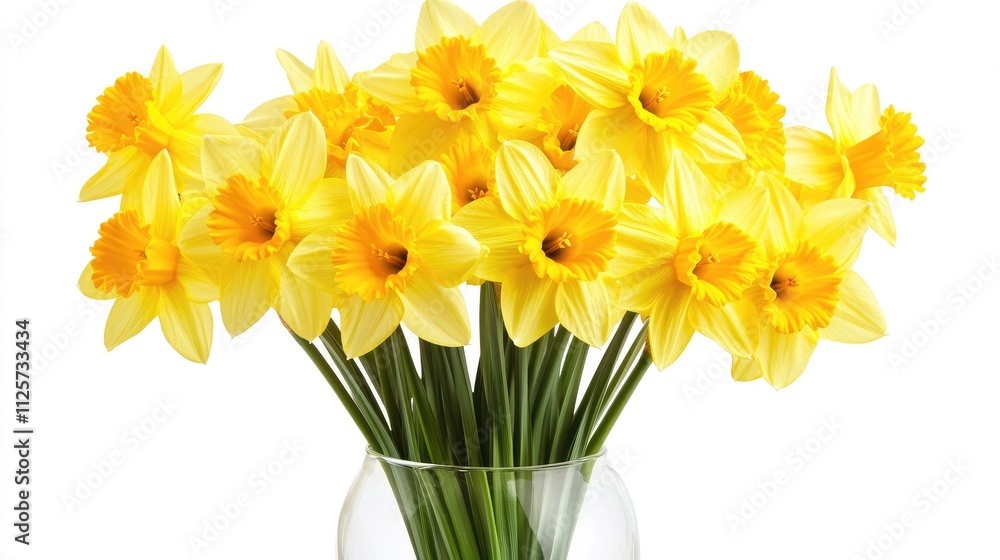 Yellow daffodils in a clear glass vase showcasing vibrant flowers against a clean white background for a fresh and cheerful display Yellow daffodils in a clear glass vase showcasing vibrant flowers against a clean white background for a fresh and cheerful display