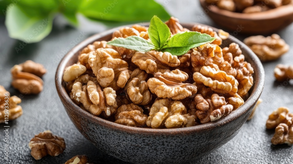 Healthy walnuts in bowl with fresh mint garnish on rustic stone background showcasing natural ingredients and nutritious snacks. Healthy walnuts in bowl with fresh mint garnish on rustic stone background showcasing natural ingredients and nutritious snacks.