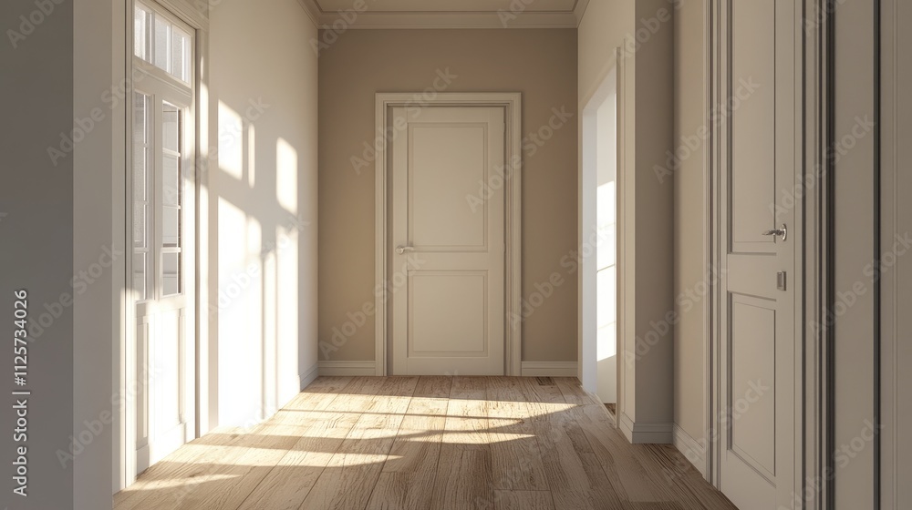 Interior hallway of a new home with natural light highlighting waiting doors ready for installation in an under-construction setting Interior hallway of a new home with natural light highlighting waiting doors ready for installation in an under-construction setting