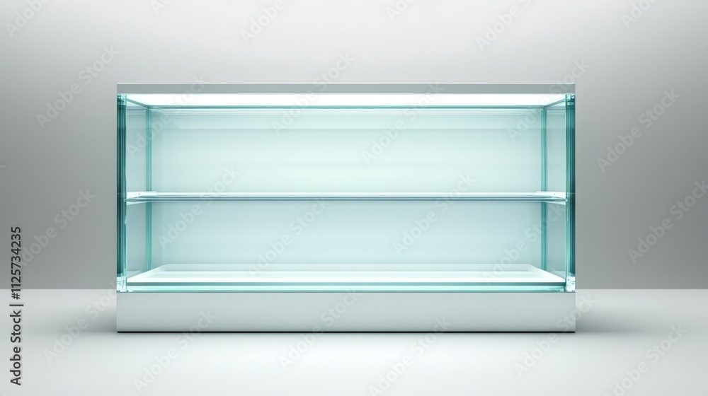 Modern glass display case with illuminated shelves, isolated on a white background, ideal for showcasing products, retail, minimalist design, commercial furniture. Modern glass display case with illuminated shelves, isolated on a white background, ideal for showcasing products, retail, minimalist design, commercial furniture.