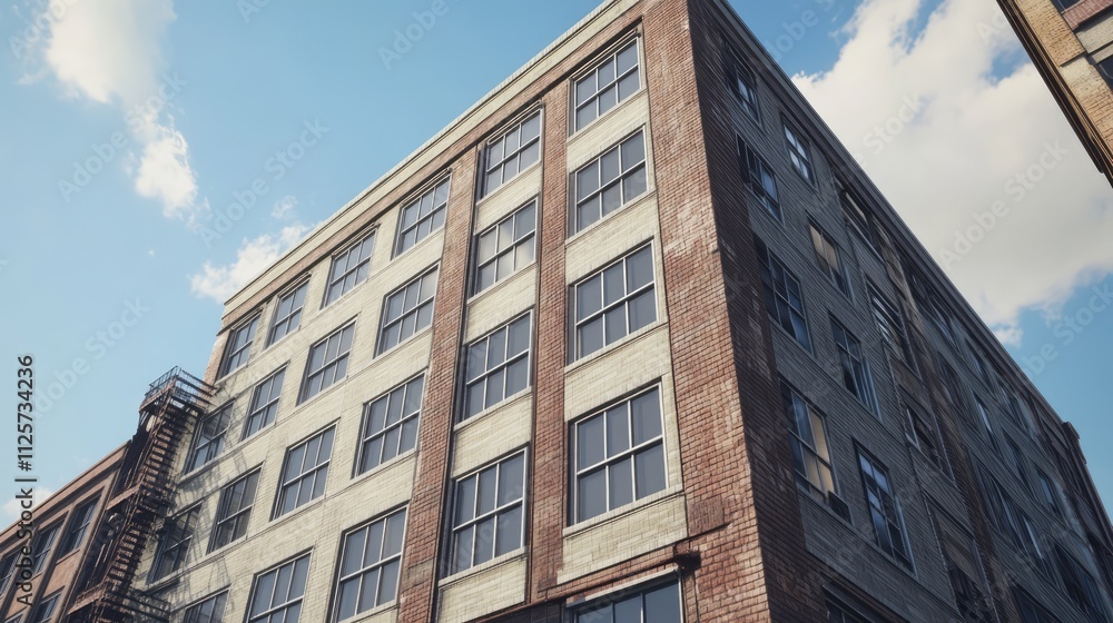 Modern apartment building architecture with large windows and a blend of brick and concrete facade against a blue sky. Modern apartment building architecture with large windows and a blend of brick and concrete facade against a blue sky.