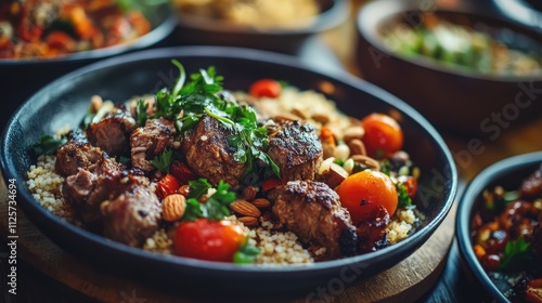 Traditional Turkish lamb kebab served with almonds, tomatoes, and whole wheat couscous in a rustic setting. Close-up of vibrant flavors.